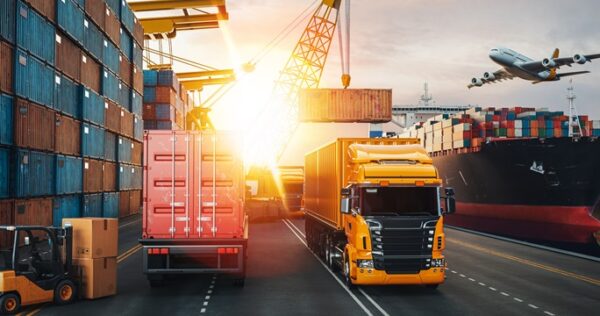 Transportation and logistics of Container Cargo ship and Cargo plane. 3d rendering and illustration.